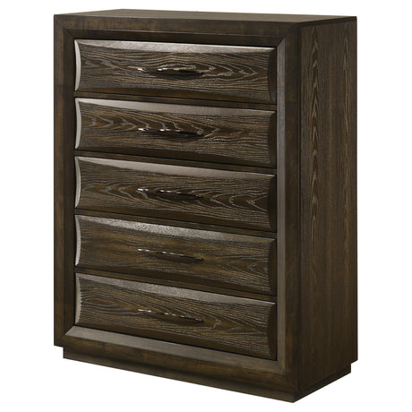 Close-up of black nickel curved drawer pull on Atlas chest