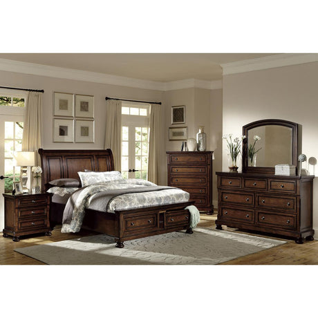 Bedroom scene featuring Cumberland Brown Cherry Queen Sleigh Platform Bed in staged setting