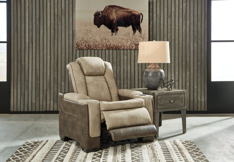 Next-Gen Durapella Sand Faux Leather Power Recliner reclining angle