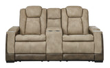 Next-Gen DuraPella Sand Faux Leather Power Reclining Loveseat with Console head-on view