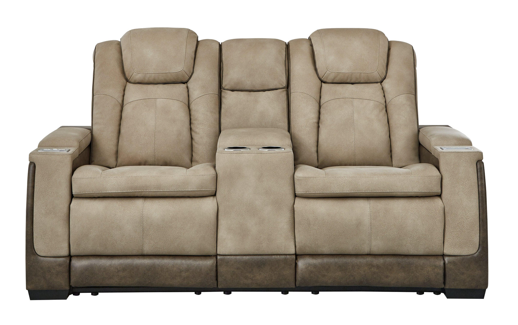 Next-Gen DuraPella Sand Faux Leather Power Reclining Loveseat with Console head-on view