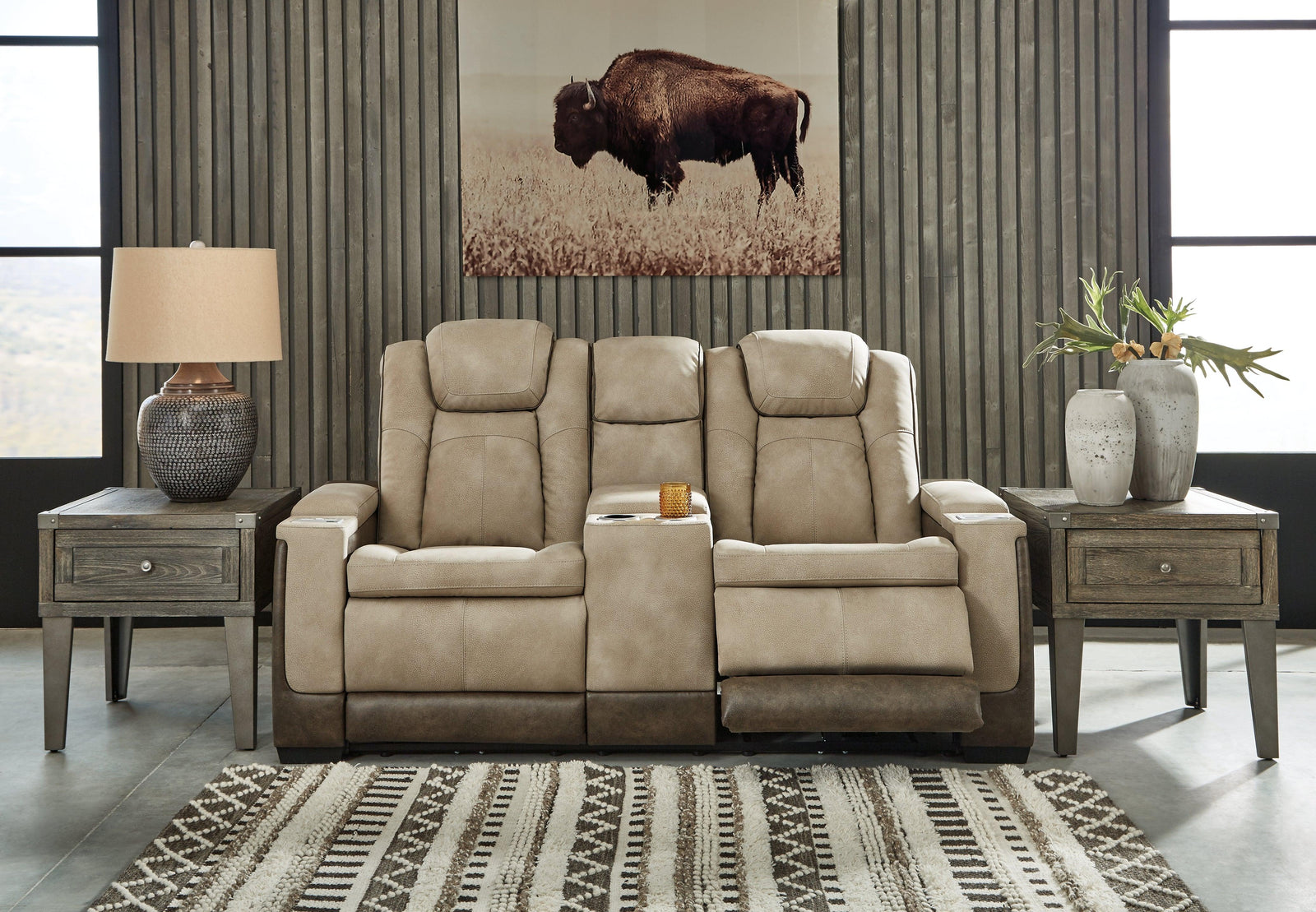 Next-gen Durapella Sand Faux Leather Power Reclining Loveseat With Console - Ella Furniture