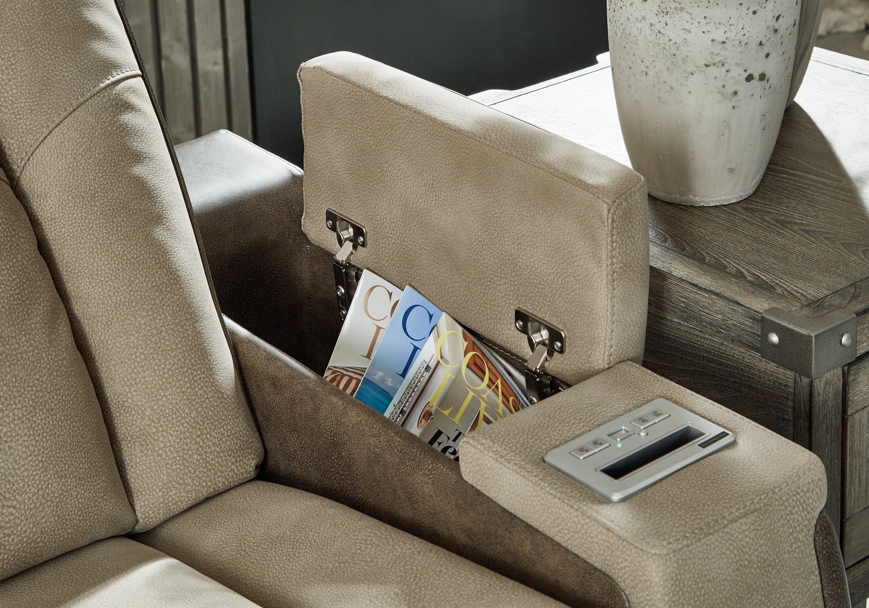 Next-Gen Durapella Sand Faux Leather Power Reclining Sofa storage arm detail