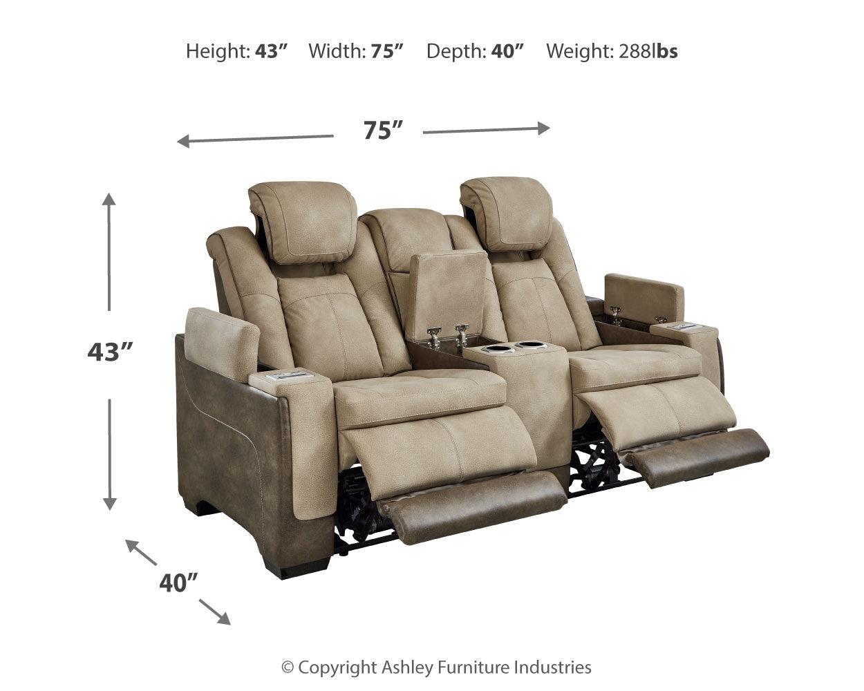 Dimension diagram of Next-Gen DuraPella Sand Faux Leather Power Reclining Loveseat