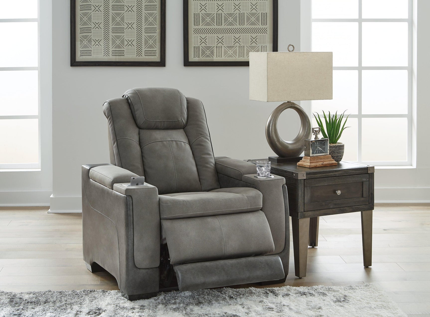 open position side view of Next-Gen Durapella Slate Faux Leather Power Recliner