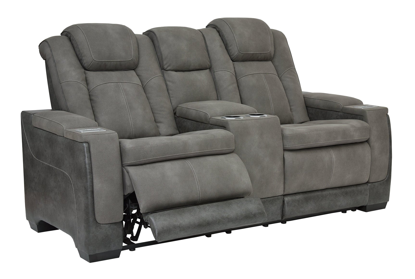 Next-Gen DuraPella Slate Faux Leather Power Reclining Loveseat with Console head-on view