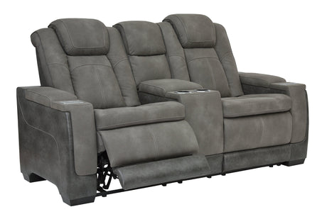 Next-Gen DuraPella Slate Faux Leather Power Reclining Loveseat with Console head-on view