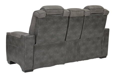 Next-Gen DuraPella Slate Faux Leather Power Reclining Loveseat with Console console close-up