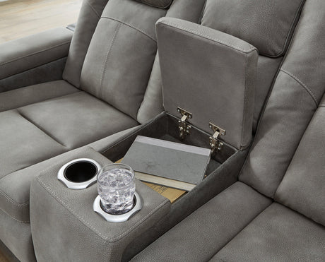 Next-Gen DuraPella Slate Faux Leather Power Reclining Loveseat with Console adjustable headrest detail