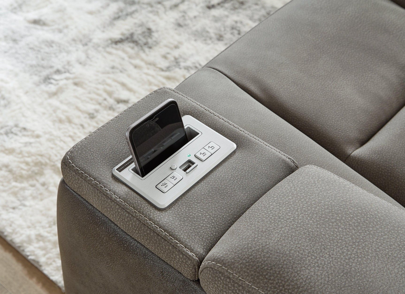 Next-Gen DuraPella Slate Faux Leather Power Reclining Loveseat with Console power control panel