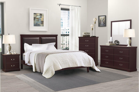 Seabright Cherry Faux Leather Bedroom Set main bed view