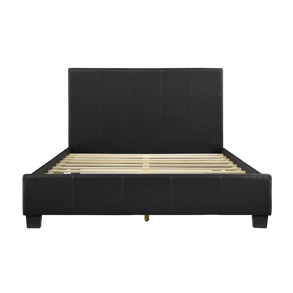 Lorenzi black faux leather upholstered queen panel bed angled front