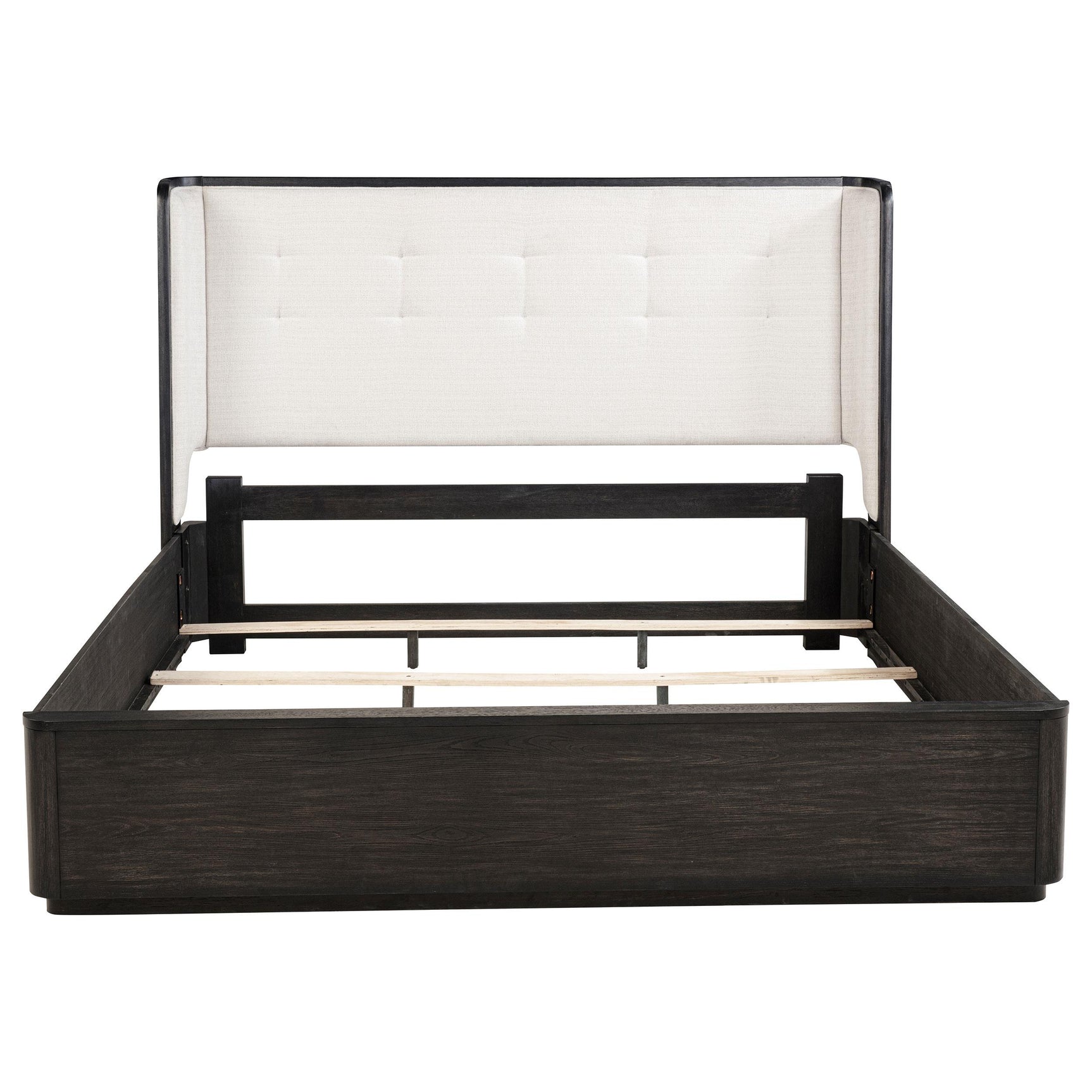 Side view of Leandro king bed showing upholstery and frame