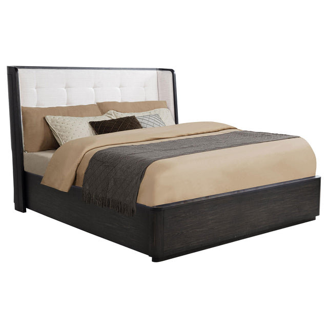 Side angle of Leandro Queen Wingback Bed highlighting wingback silhouette and fabric