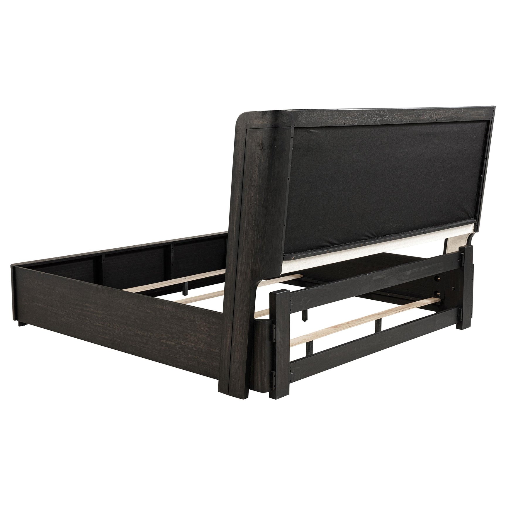 Burnished black frame detail of Leandro Queen Wingback Bed