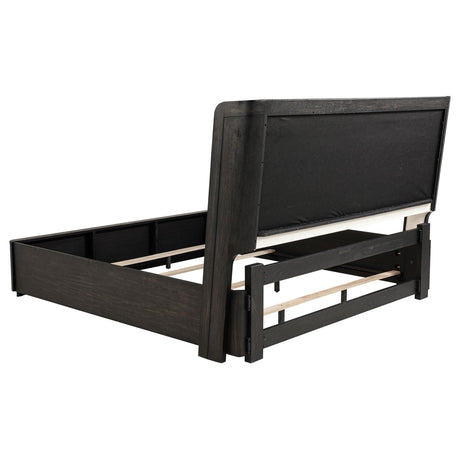 Burnished black frame detail of Leandro Queen Wingback Bed