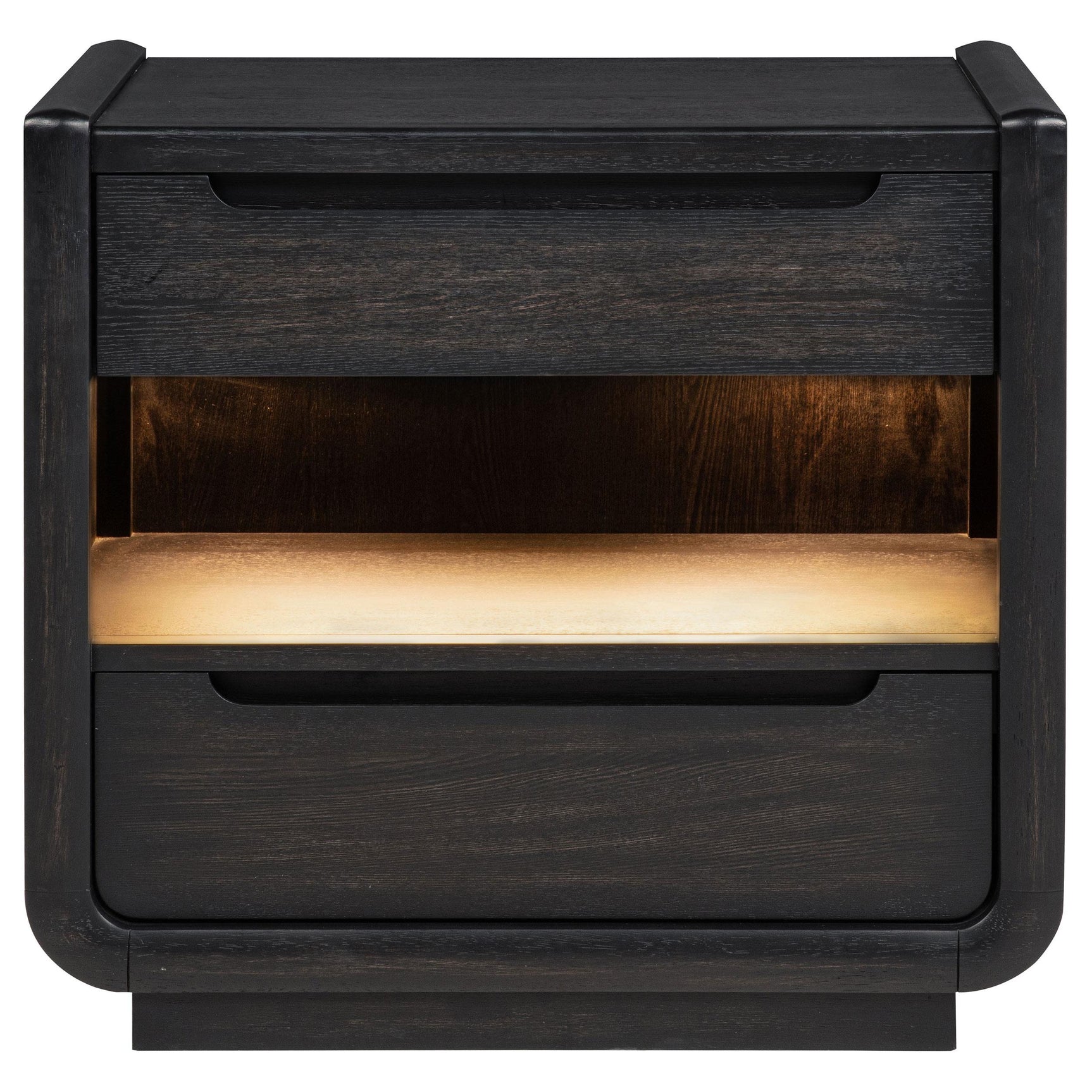 Nightstand drawer open showing black felt lining
