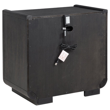 Close-up of USB ports on nightstand side