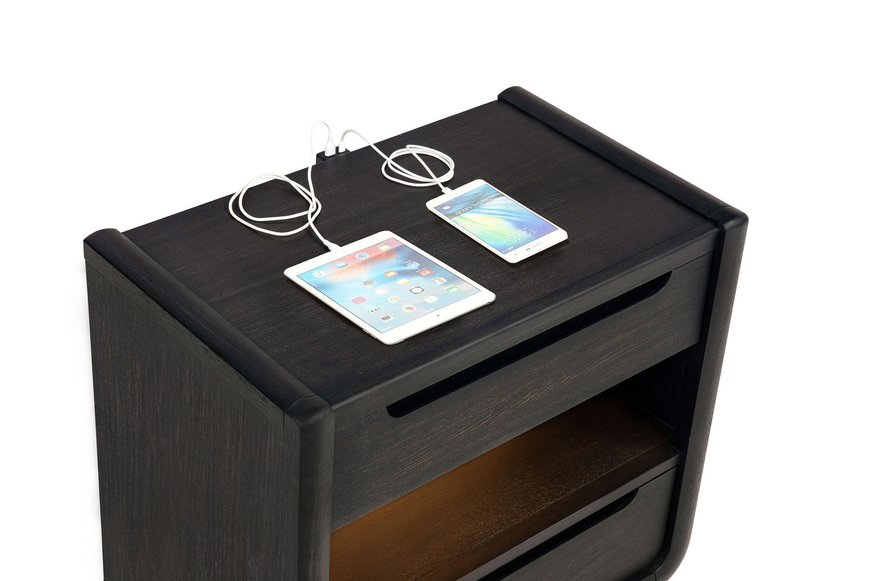 Nightstand drawers closed with visible burnished black finish