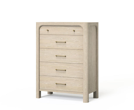 Solano 5-drawer chest of drawers in weathered mango finish, angled front view