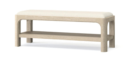 Solano 49-inch bed end bench in weathered mango finish, front angle showing upholstered fabric cushion and lower open shelf