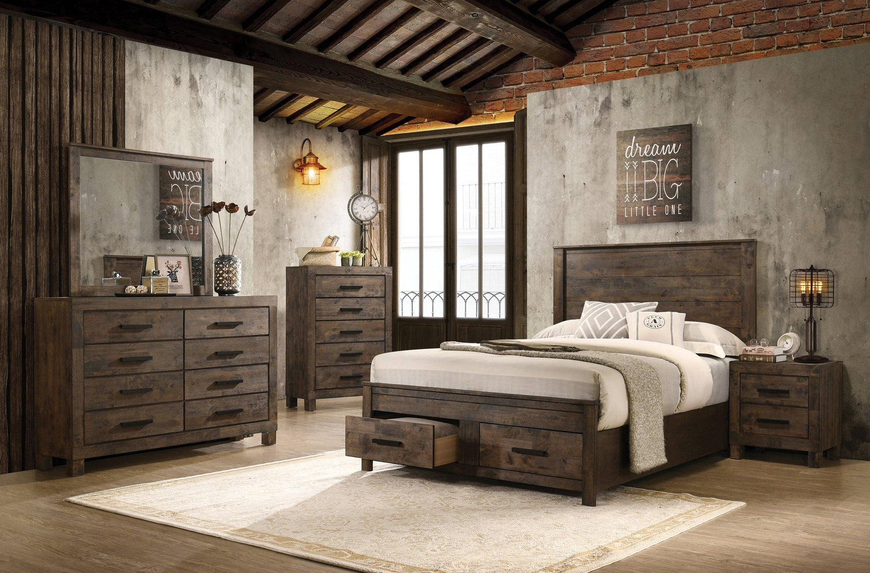 Woodmont Rustic Golden Brown King Storage Bed close-up of footboard storage drawers