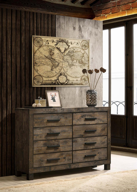 Woodmont 8-drawer dresser rustic golden brown front view