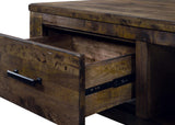Woodmont 8-drawer dresser rustic golden brown drawer open showing interior