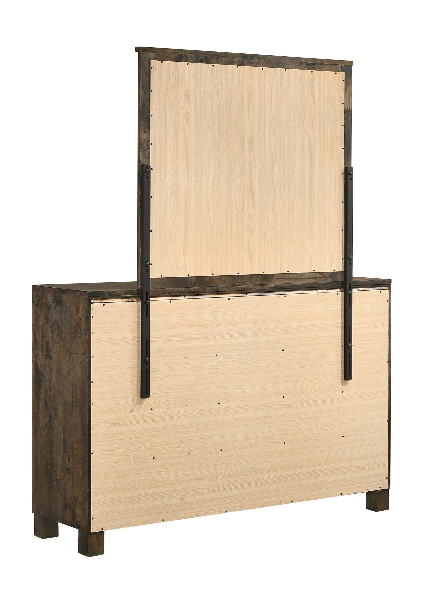 Woodmont rectangular mirror leaning against wall with wooden floor background