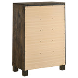 Woodmont 5-drawer chest rustic golden brown top surface and handle detail