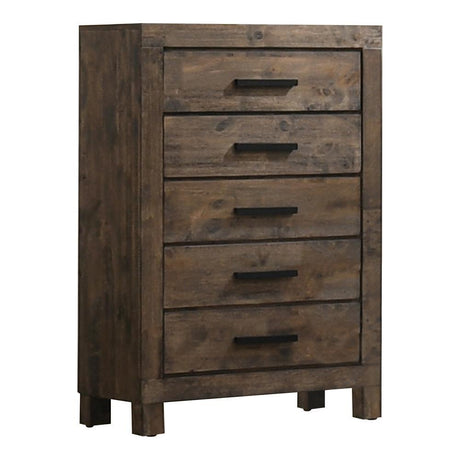 Woodmont 5-drawer chest rustic golden brown angled side view