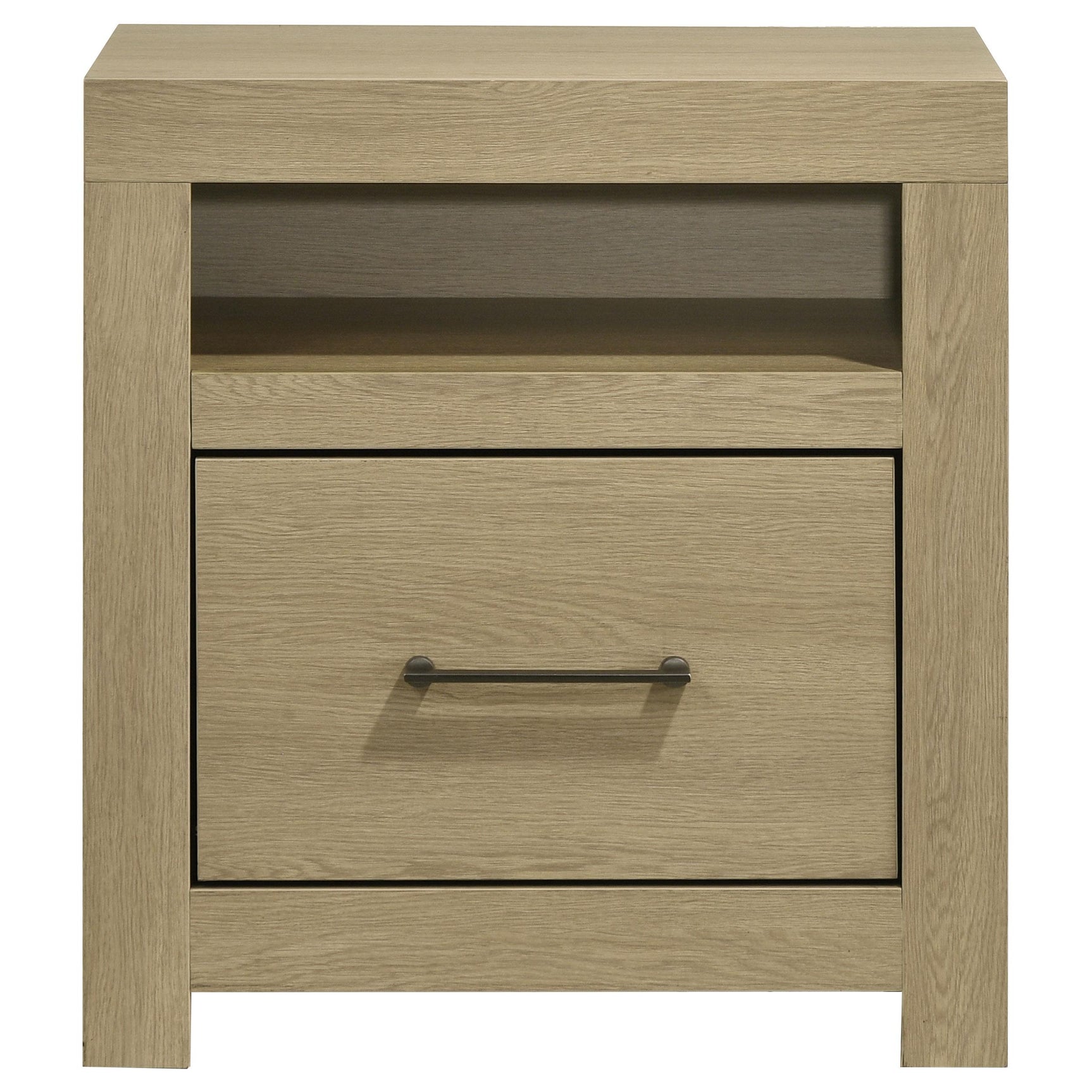 Side view of Hendricks nightstand showing drawer and cubby