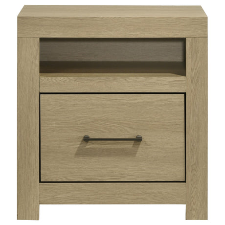 Side view of Hendricks nightstand showing drawer and cubby