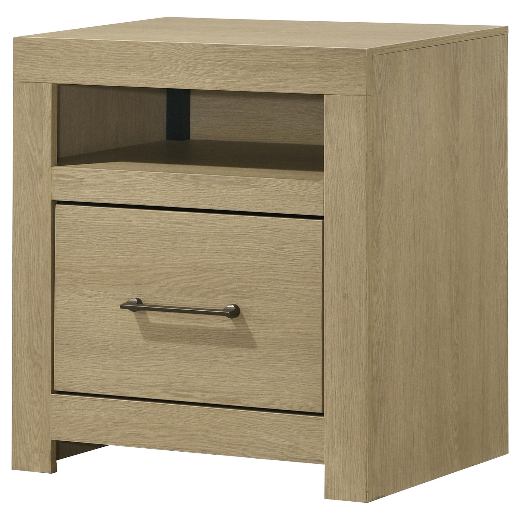 Hendricks nightstand drawer open showing smooth glide