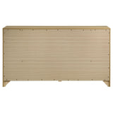 Angle view showcasing the dresser's asymmetrical drawer design