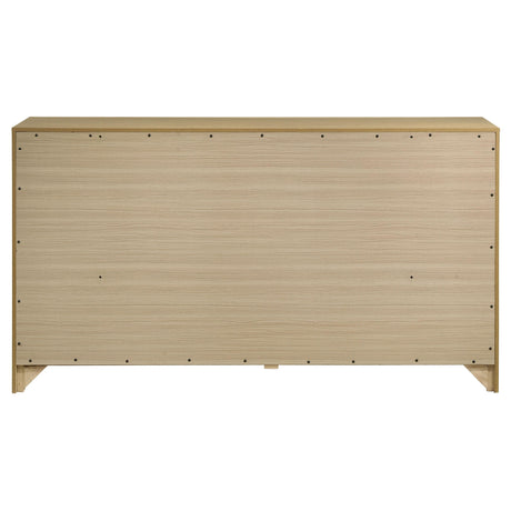 Angle view showcasing the dresser's asymmetrical drawer design