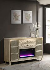 Close-up of crystal knobs and velvet quilted drawers