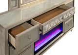 Lorient Ivory and Camel Velvet 8-drawer Flame Box Dresser with LED lights