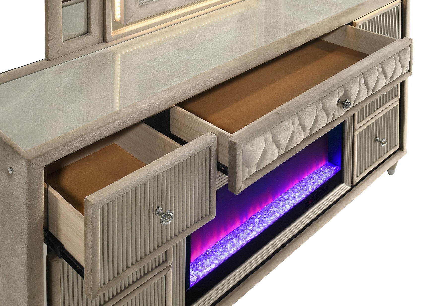 Lorient Ivory and Camel Velvet 8-drawer Flame Box Dresser with LED lights