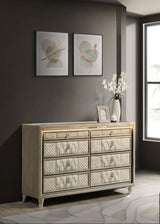 Lorient dresser detail of quilted drawer fronts and crystal knobs