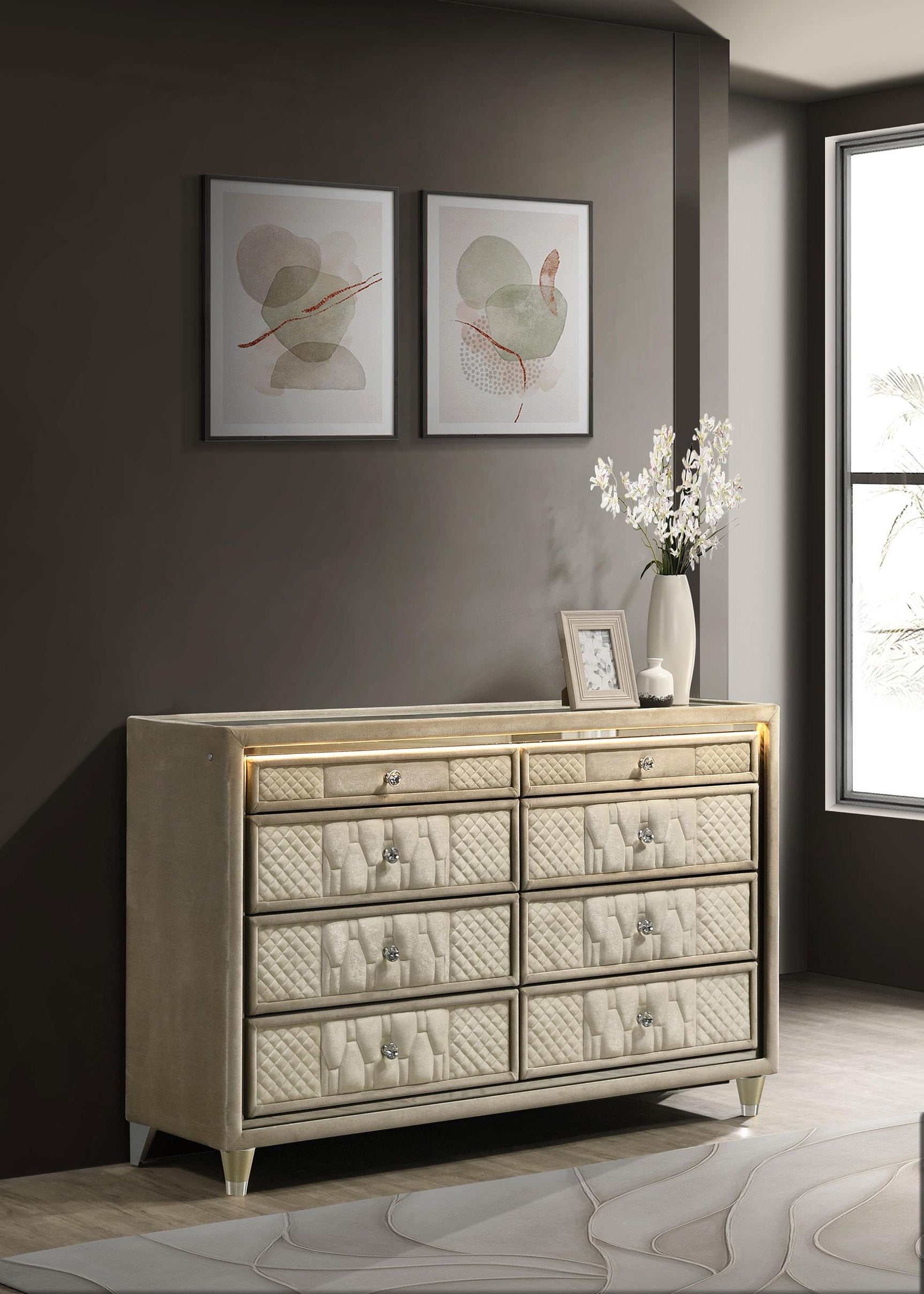 Lorient dresser detail of quilted drawer fronts and crystal knobs