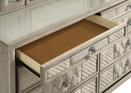 Reflective acrylic accents on drawer fronts