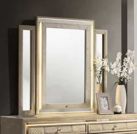 Close-up of Lorient dresser mirror velvet fabric and LED lighting