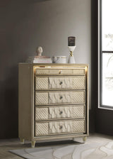 Close-up of top drawer with brown felt lining and crystal knob