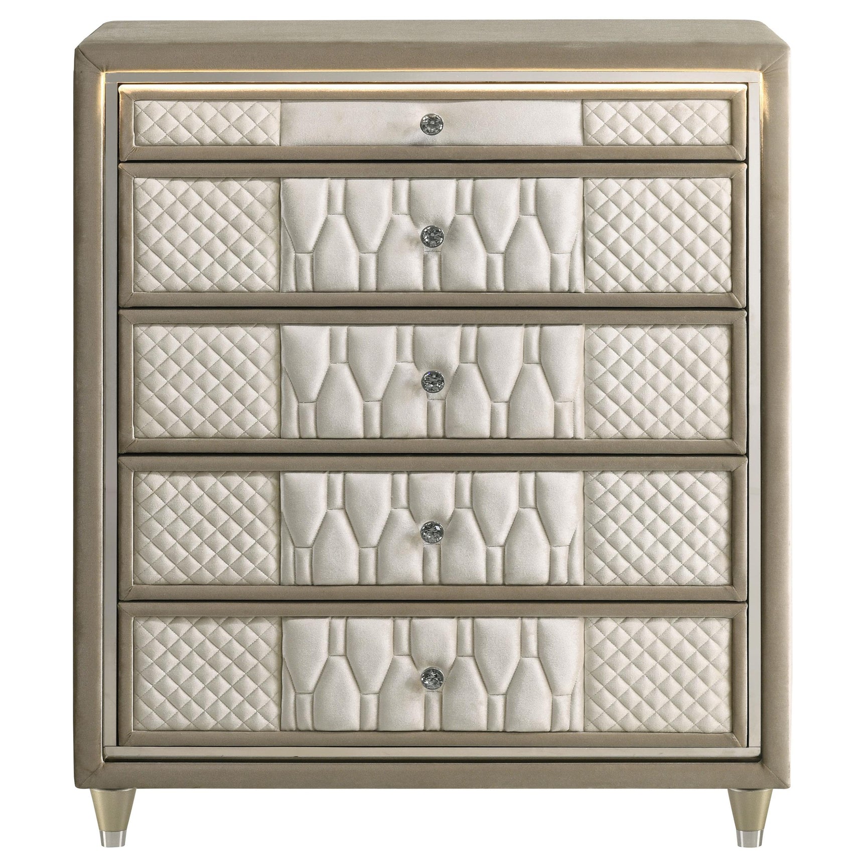 Side view of Lorient chest showing clear acrylic legs and LED lighting effect