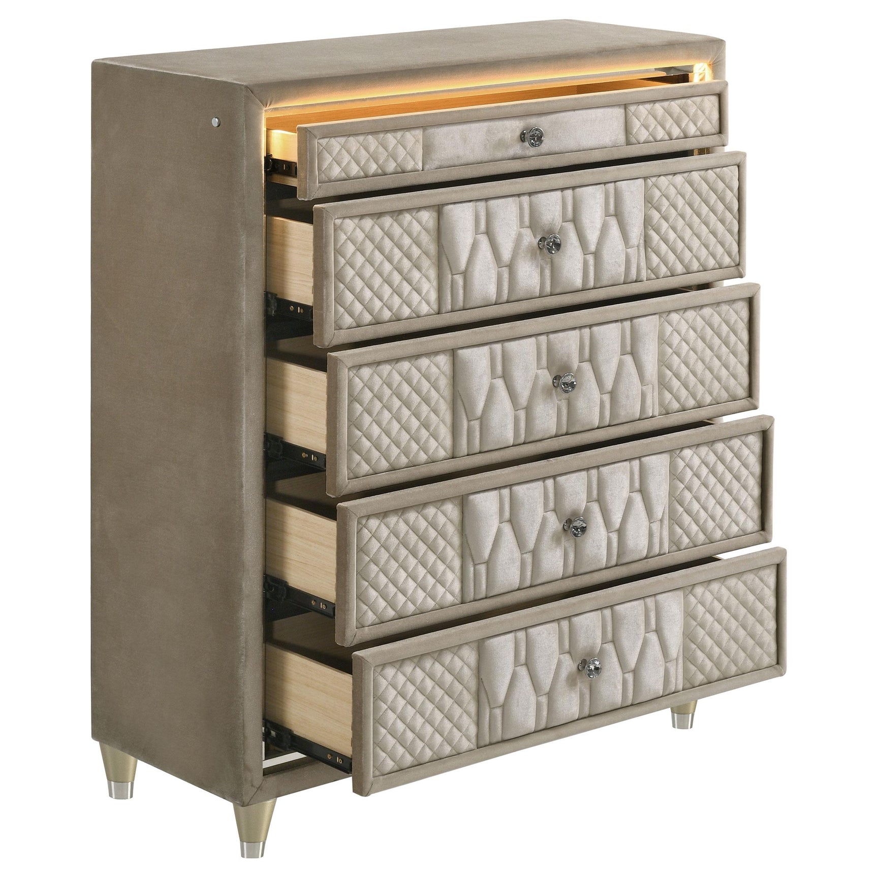 Drawer open showing felt lining and smooth glide