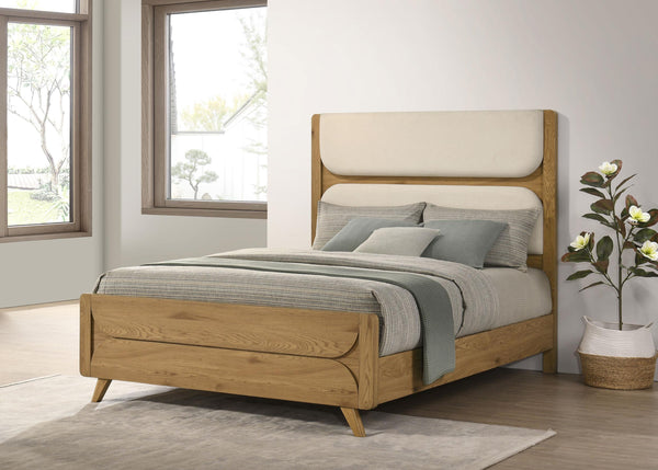 Bennett 62-inch queen upholstered panel bed in cream with light oak frame, front view