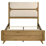 Bennett 62-inch queen upholstered panel bed in cream with light oak frame, front view