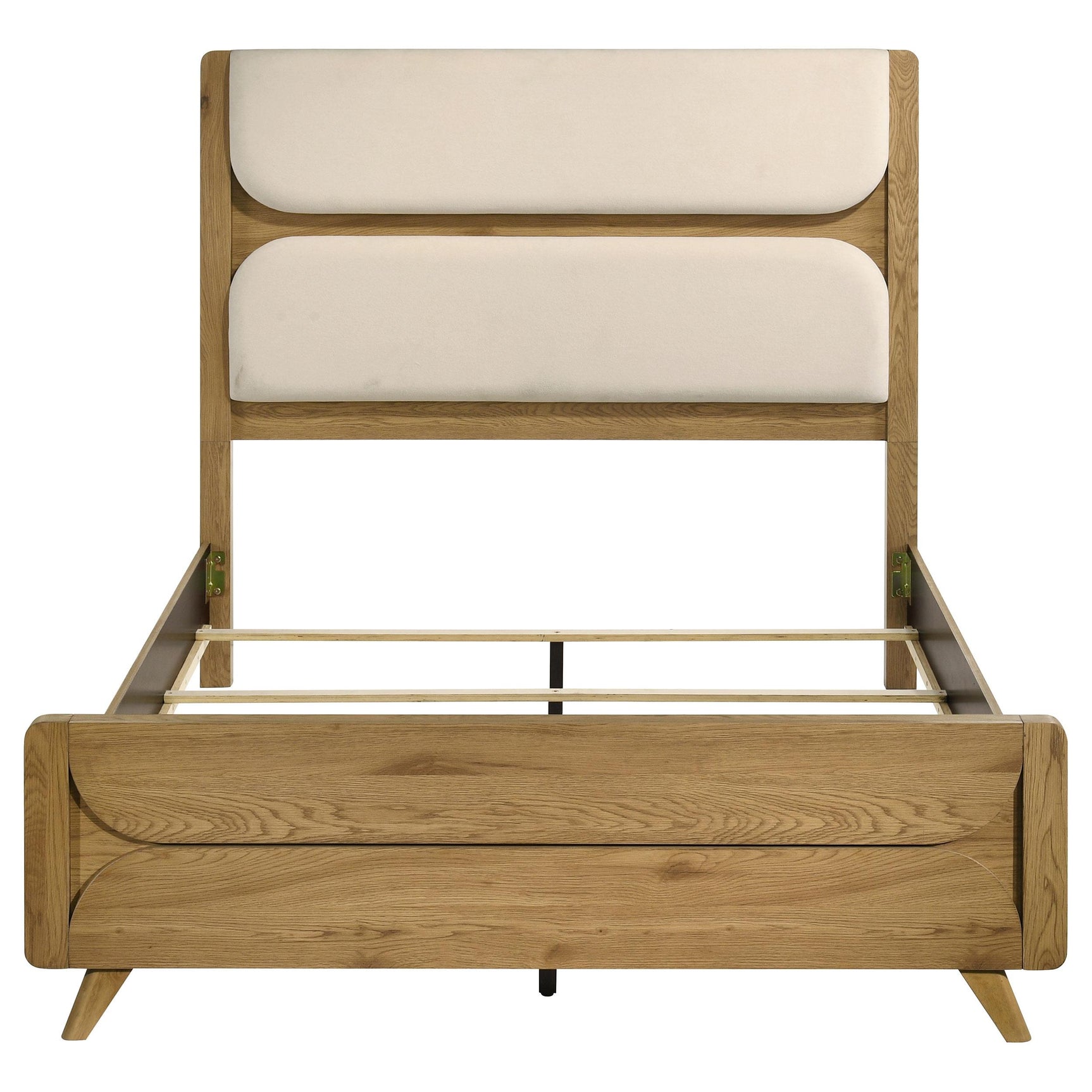 Bennett 62-inch queen upholstered panel bed in cream with light oak frame, front view