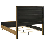 Bennett 62-inch queen upholstered panel bed in cream with light oak frame, front view
